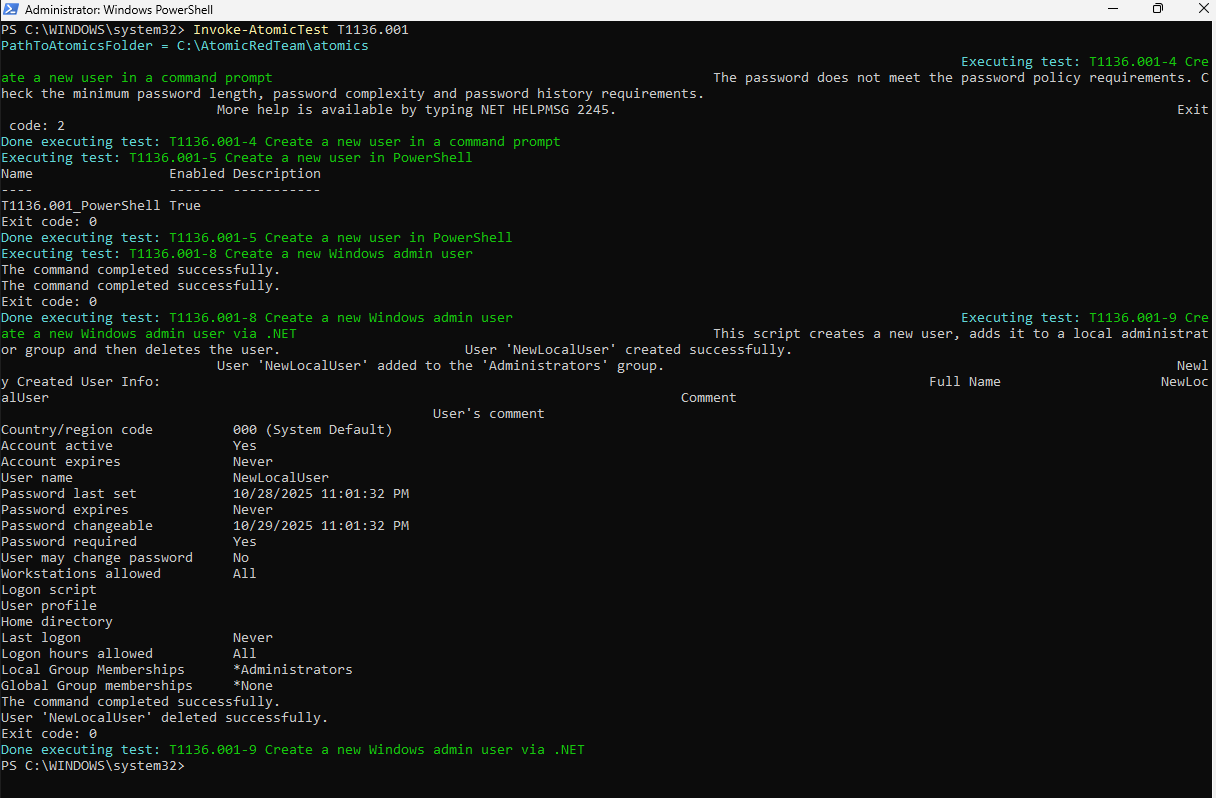 Atomic Red Team T1136.001 Execution
