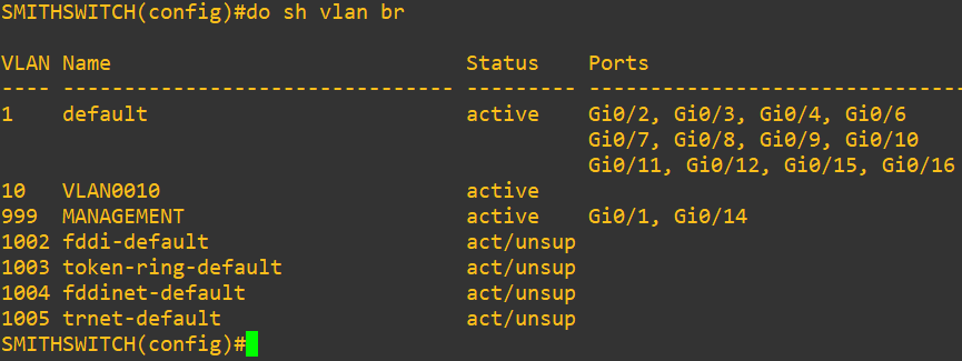 VLAN table showing port assignments