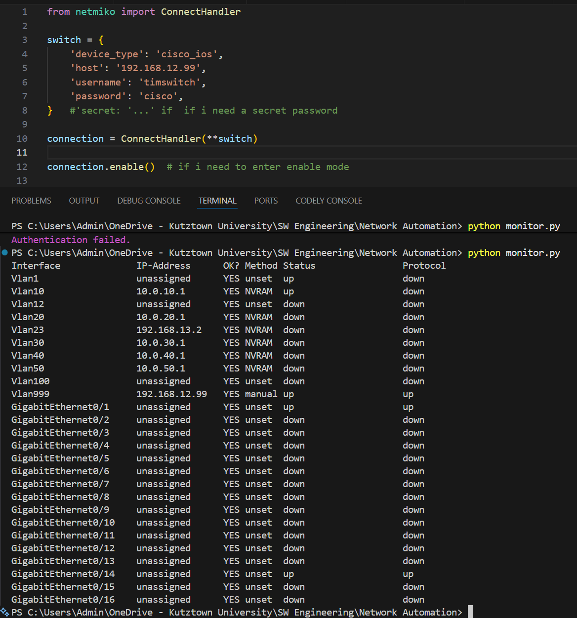 Script output in terminal